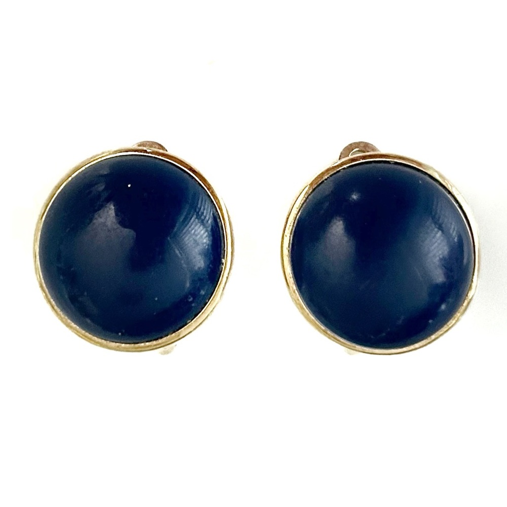 Vintage 1980s Dorlan Elegant Navy Blue and Gold Tone Round Clip-On Earrings Stud